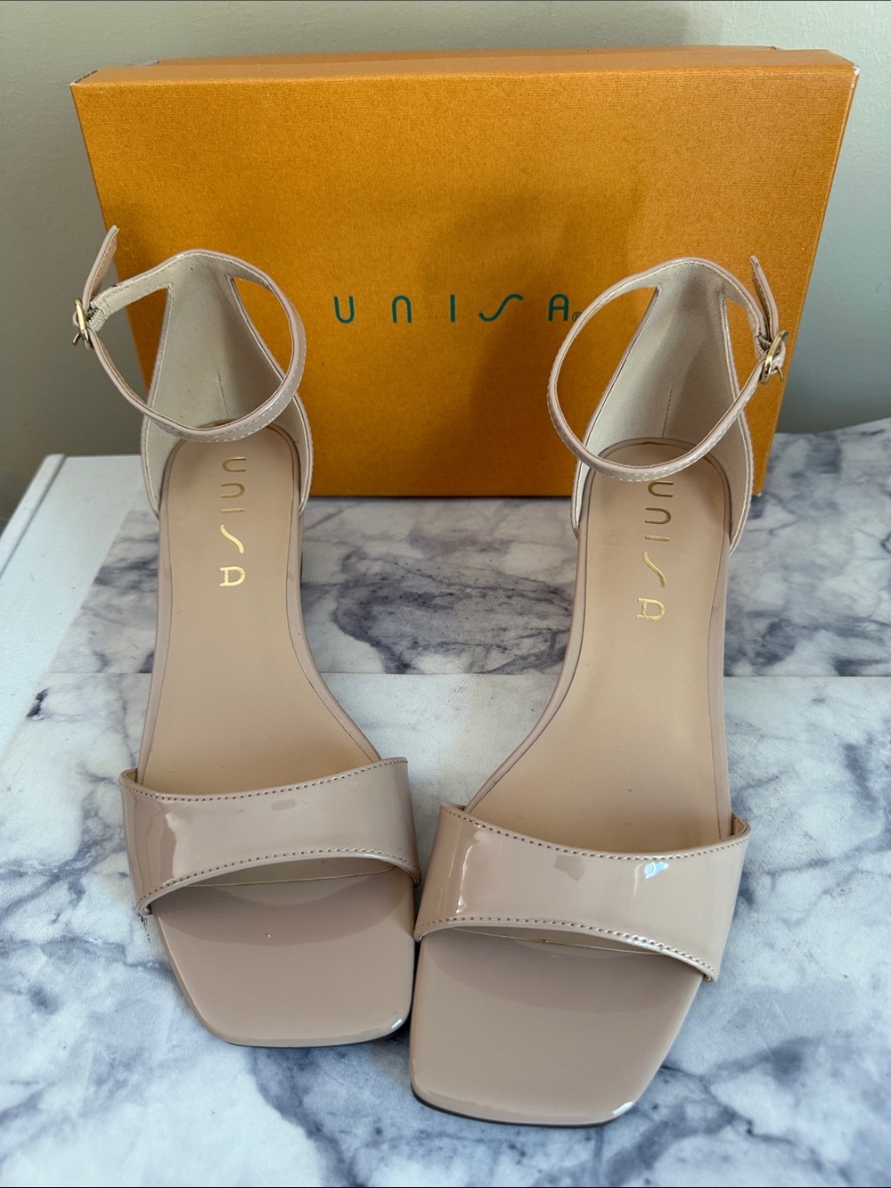 Unisa Nude Patent Ankle-Strap Block Heels